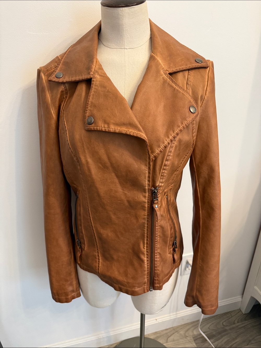 Max Studio Cognac Brown Leather Bomber Jacket